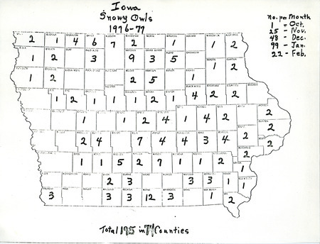 Map of Iowa Snowy Owl sightings by county, 1976-1977. This item was used as supporting documentation for the Iowa Ornithologists' Union Quarterly Report of spring 1977.