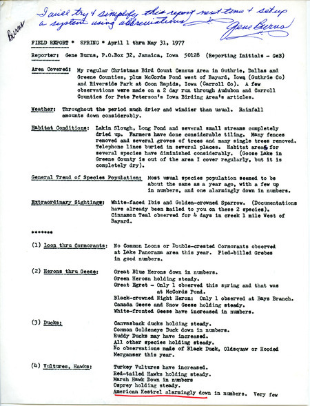 Report of bird sightings submitted by Gene Burns. This item was used as supporting documentation for the Iowa Ornithologists' Union Quarterly field report of spring 1977.
