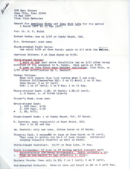 Report of bird sightings submitted by Rich DeCoster from March 1 to May 25, 1977. This item was used as supporting documentation for the Iowa Ornithologists' Union Quarterly field report of spring 1977.