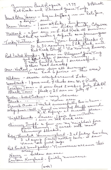 Summer bird report of sightings at Lake Red Rock and Pleasant Grove Township submitted by Gladys Black, 1977. This item was used as supporting documentation for the Iowa Ornithologists' Union Quarterly field report of summer 1977.