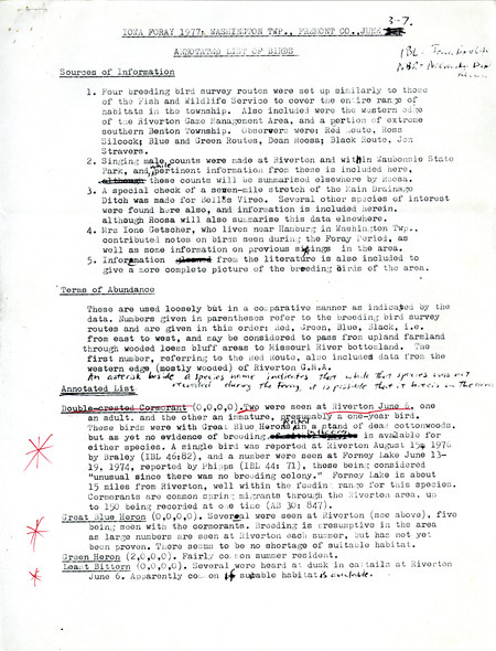 Annotated list of birds sightings seen along several routes located in Washington Township in Fremont County as well as parts of the Riverton Wildlife Management Area and the Township of Benton, June 3-7. Observers include Ross W. Silcock, Dean M. Roosa, and Jon Stravers. This item was used as supporting documentation for the Iowa Ornithologists' Union Quarterly field report of summer 1977.