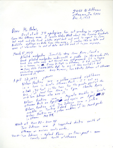 Letter written to Nicholas S. Halmi by Tom Johnson containing field notes with observers Nelson R. Hoskins and Charles C. Ayers. The field notes include detailed information on the bird sightings. This item was used as supporting documentation for the Iowa Ornithologists Union Quarterly field report of fall 1977.