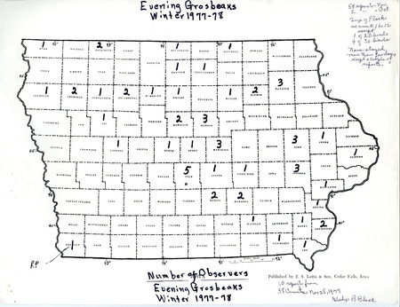 Map of Iowa Evening Grosbeak sightings by county contributed by Gladys Black. This item was used as supporting documentation for the Iowa Ornithologists Union Quarterly field report of fall 1977.