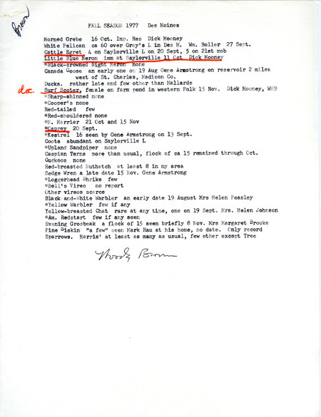 List of birds and locations contributed by Woodward H. Brown with observers William Boller, Richard Mooney, Eugene Armstrong and others. This item was used as supporting documentation for the Iowa Ornithologists Union Quarterly field report of fall 1977.