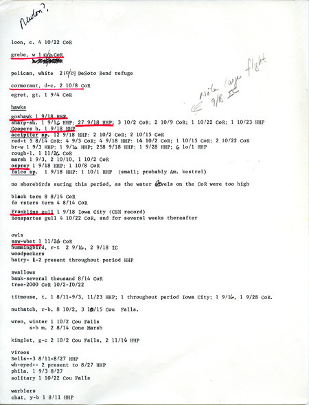 List of birds and locations contributed by Michael C. Newlon. Field notes include an attached list of species observed by other birders. This item was used as supporting documentation for the Iowa Ornithologists Union Quarterly field report of fall 1977.