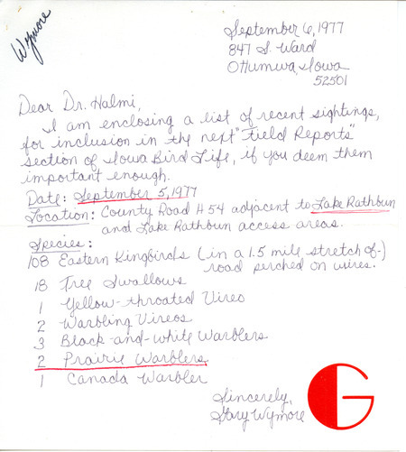 Field notes contributed by Gary D. Wymore in a letter to Nicholas S. Halmi. This item was used as supporting documentation for the Iowa Ornithologists Union Quarterly field report of fall 1977.