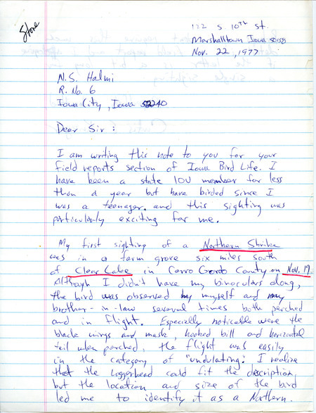 Field notes contributed by Curtis E. Krieger in a letter to Nicholas S. Halmi regarding his sighting of a Northern Shrike near Clear Lake. The field notes include a detailed description of the bird. This item was used as supporting documentation for the Iowa Ornithologists Union Quarterly field report of fall 1977.
