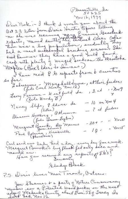 Field notes contributed by Gladys Black in a letter to Nicholas S. Halmi. The field notes detail the many reports she has received on Evening Grosbeak sightings in Iowa.This item was used as supporting documentation for the Iowa Ornithologists Union Quarterly field report of fall 1977.