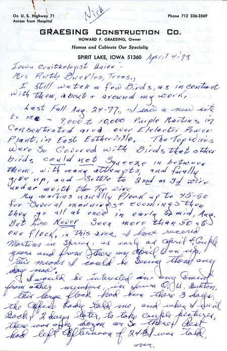 Letter from Howard Graesing to Ruth Buckles regarding bird sightings, April 4, 1978. This item was used as supporting documentation for the Iowa Ornithologists Union Quarterly field report of winter, 1977-1978.