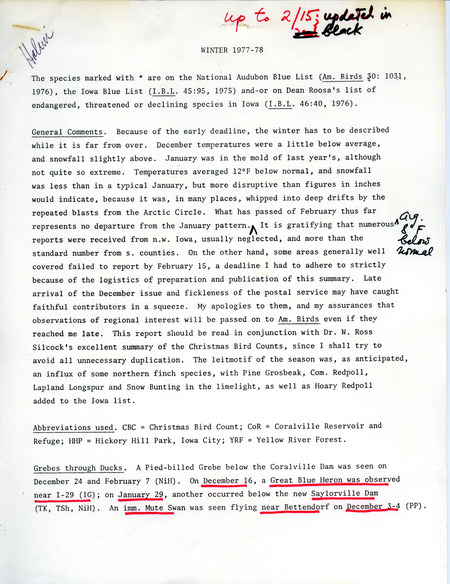 Quarterly field report for the winter 1977-1978. The report is a draft with numerous manual annotations.
