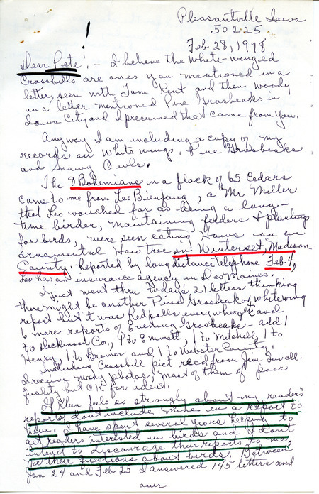 Letter from Gladys Black to Peter C. Petersen regarding bird sightings, February 28, 1978. This item was used as supporting documentation for the Iowa Ornithologists Union Quarterly field report of winter, 1977-1978.