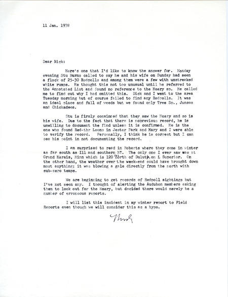 Letter from Woodward H. Brown to Nicholas S. Halmi regarding bird sightings, January 11, 1978. This item was used as supporting documentation for the Iowa Ornithologists Union Quarterly field report of winter, 1977-1978.