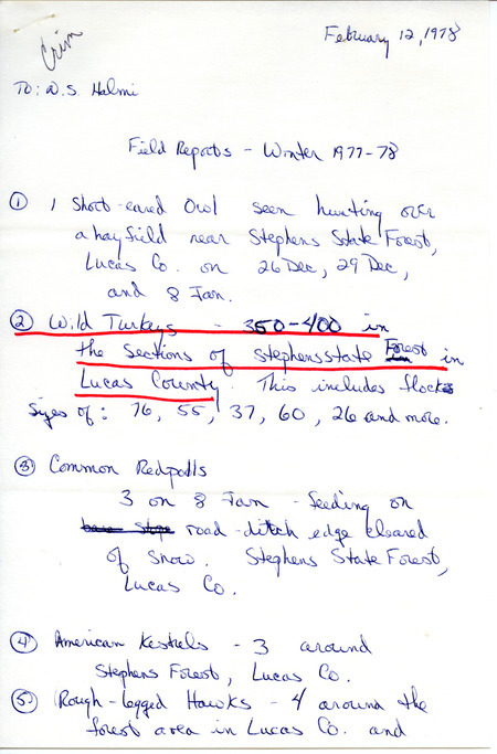 Field notes for bird sightings submitted to Nicholas S. Halmi by Gaylan and Lloyd Crim, February 12, 1978. This item was used as supporting documentation for the Iowa Ornithologists Union Quarterly field report of winter, 1977-1978.
