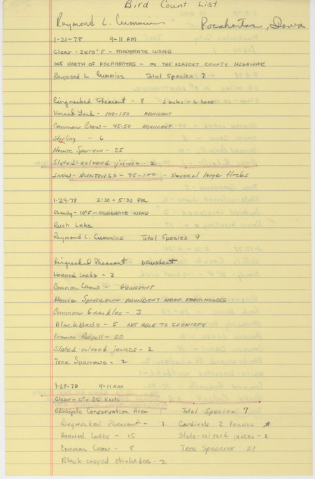 Bird County list of sightings made in January and February of 1978 submitted by Raymond L. Cummins. Two sightings of Hoary Redpoll are noted. This item was used as supporting documentation for the Iowa Ornithologists Union Quarterly field report of winter, 1977-1978.