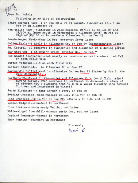Letter from Darwin Koenig to Nicholas S. Halmi regarding winter bird sightings.This item was used as supporting documentation for the Iowa Ornithologists Union Quarterly field report of winter, 1977-1978.