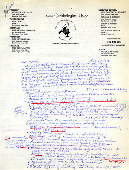 Two letters from Peter C. Petersen to Nicholas S. Halmi regarding bird sightings, dated February 12 and 26, 1978 . This item was used as supporting documentation for the Iowa Ornithologists Union Quarterly field report of winter, 1977-1978.
