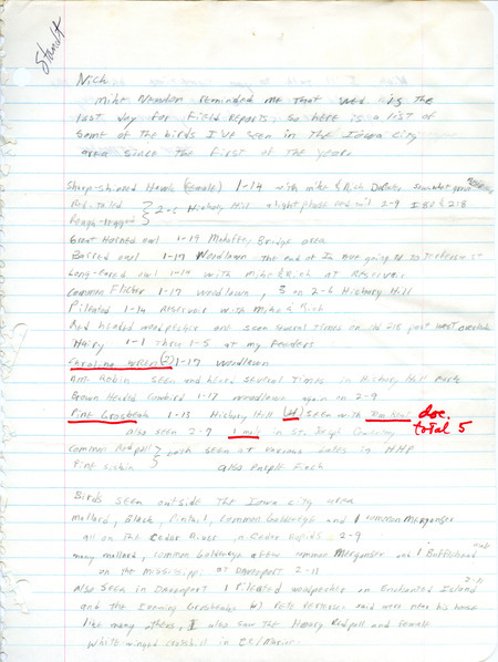 Letter from Thomas J. Staudt to Nicholas S. Halmi regarding bird sightings in the Iowa City area. Notes discussing sightings of a Carolina Wren and a Pine Grosbeak are noted. This item was used as supporting documentation for the Iowa Ornithologists Union Quarterly field report of winter, 1977-1978.