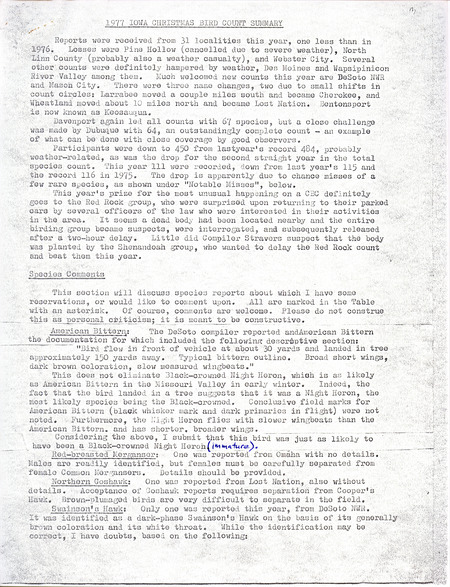 Iowa Christmas bird County summary from the 31 reporting localities for 1977. This item was used as supporting documentation for the Iowa Ornithologists' Union Quarterly field report of Winter 1976-1977.