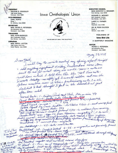 Letter from Peter C. Petersen to Nicholas S. Halmi, regarding spring bird sightings, May 23, 1978. This item was used as supporting documentation for the Iowa Ornithologists Union Quarterly field report of spring, 1978.