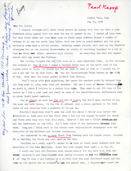 Letter from Pearl Knoop to Nicholas S. Halmi regarding bird sightings, May 31, 1978. The letter also discusses migration patterns for the year. This item was used as supporting documentation for the Iowa Ornithologists Union Quarterly field report of spring, 1978.