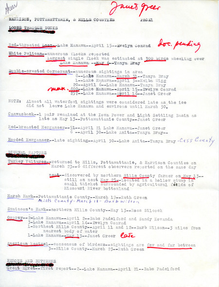 Field report of bird sightings in Harrison, Pottawattamie, and Mills County, submitted by Janet G. Greer. This item was used as supporting documentation for the Iowa Ornithologists Union Quarterly field report of spring, 1978.