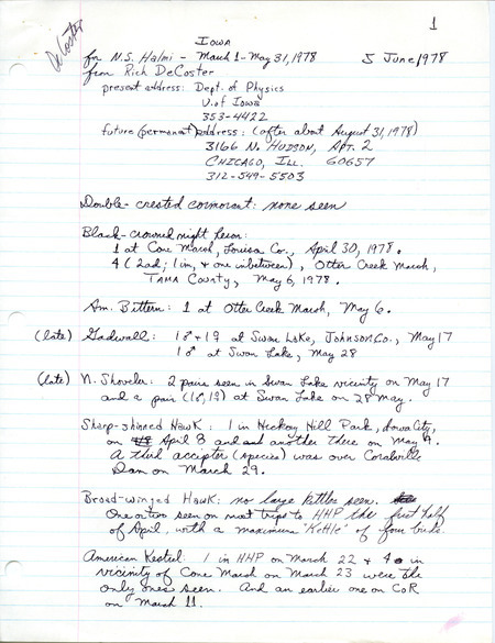 Letter from Rich DeCoster to Nicholas S. Halmi regarding bird sightings, June 5, 1978. A note regarding the sighting of a Yellow Rail at Cone March is underlined. This item was used as supporting documentation for the Iowa Ornithologists Union Quarterly field report of spring, 1978.