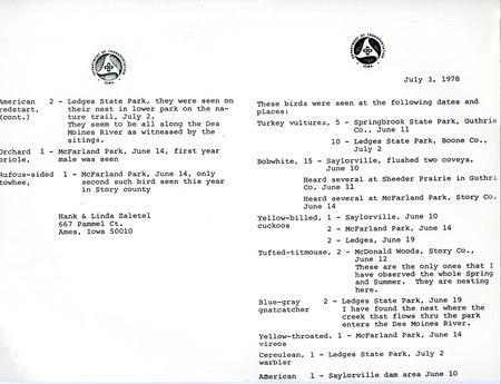Field notes, July 3, 1978, submitted by Hank and Linda Zaletel. This item was used as supporting documentation for the Iowa Ornithologists Union Quarterly field report of summer, 1978.