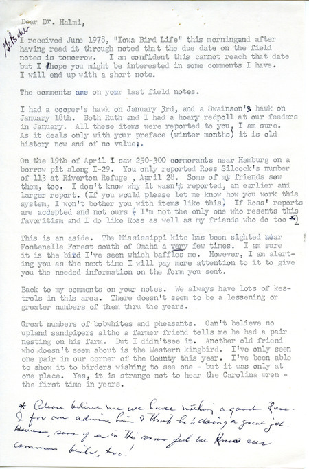 Letter from Ione Getscher to Nicholas S. Halmi regarding bird sightings. This item was used as supporting documentation for the Iowa Ornithologists Union Quarterly field report of summer, 1978.