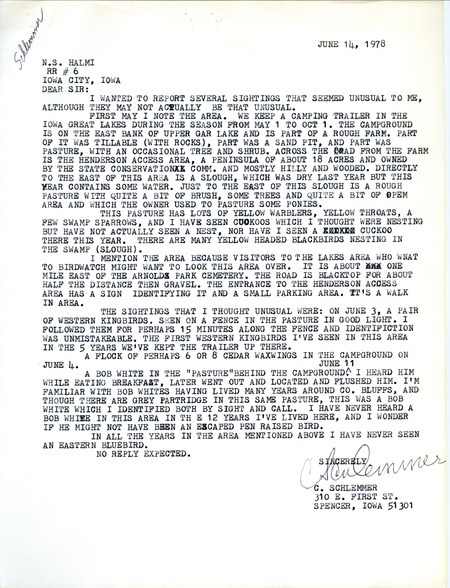 Letter from Conrad F. Schlemmer to Nicholas S. Halmi regarding bird sightings, June 14, 1978. The author discussed sightings near Upper Gar Lake that he felt may have been unusual. This item was used as supporting documentation for the Iowa Ornithologists Union Quarterly field report of summer, 1978.