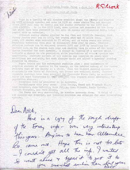An account of the 1978 Fremont County Foray, submitted by Ross W. Silcock. The foray involved several bird watchers active in the area on various dates between June 2 and June 7, 1978. The observation of breeding is discussed throughout the item. This item was used as supporting documentation for the Iowa Ornithologists' Union Quarterly Report of summer 1978.