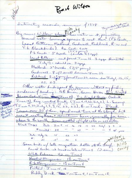 Field notes titled "Interesting records, summer of 1978," submitted by Barbara L. Wilson. This item was used as supporting documentation for the Iowa Ornithologists Union Quarterly field report of summer, 1978.