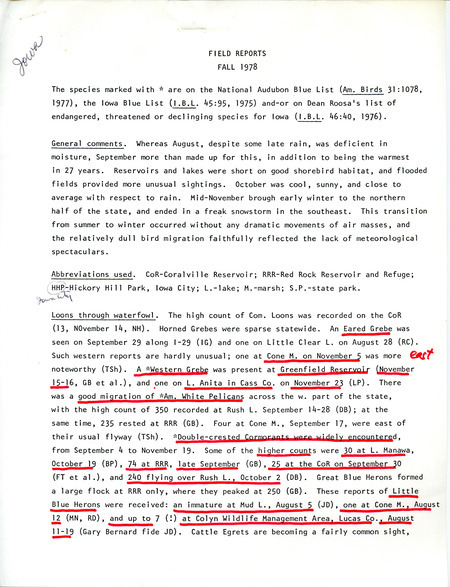 Quarterly field report for the fall of 1978. The general comments section discusses the impact of the fall weather on bird habitats, in particular, the effect of precipitation on shorebirds. The report is a draft with numerous manual annotations.