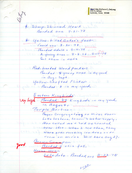 Field report of bird banding and sightings by Genevieve DeLong. An annotation notes that the Sparrow migration for that year was poor. This item was used as supporting documentation for the Iowa Ornithologists' Union Quarterly field report of fall 1978.