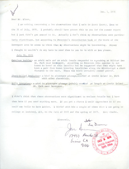 James J. Dinsmore letter to Vernon M. Kleen regarding bird sightings, December 1, 1978. Sightings mentioned in the letter are a Cerulean Warbler at Wildcat Den State Park and a Short-Billed Dowitcher and Stilt Sandpiper at Credit Island. This item was used as supporting documentation for the Iowa Ornithologists' Union Quarterly Field Report of fall 1978.