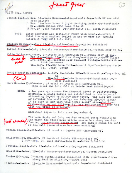 1978 fall report submitted by Janet G. Greer. Document discusses the sightings as well as other information such as population and migrations, of various species. This item was used as supporting documentation for the Iowa Ornithologists' Union Quarterly Field Report of fall 1978.