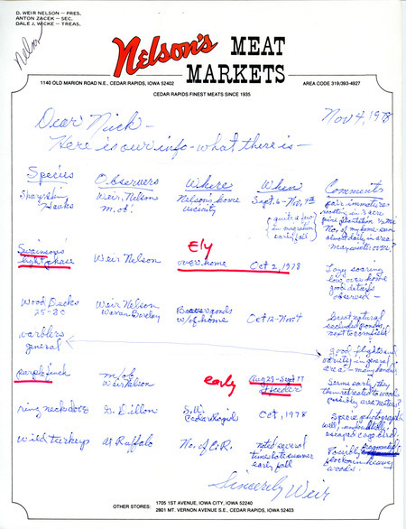 Letter from Weir Nelson to Nicholas S. Halmi regarding bird sightings, November 4, 1978. This item was used as supporting documentation for the Iowa Ornithologists' Union Quarterly field report of fall 1978.