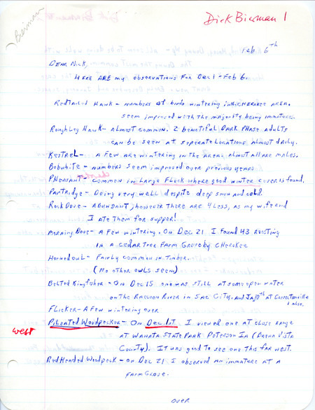 Letter from Dick Bierman to Nicholas S. Halmi regarding winter bird sightings, February 6, 1979. Sightings of Pileated Woodpecker and Bohemian Waxwings are underlined in red. This item was used as supporting documentation for the Iowa Ornithologists' Union Quarterly field report of winter 1978-1979.