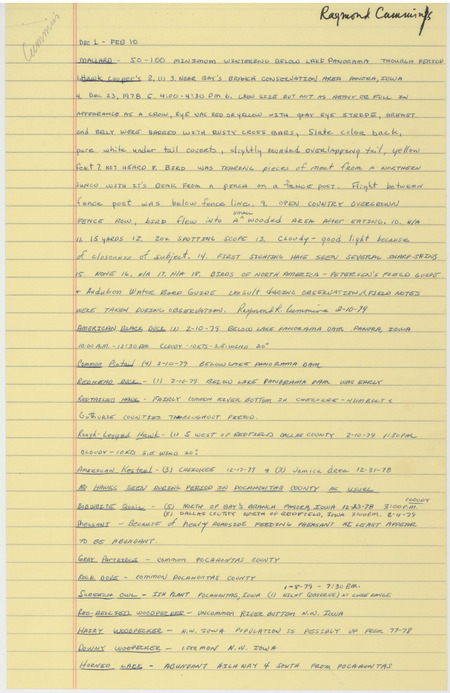 1978-1979 winter field report contributed by Raymond L. Cummins. This item was used as supporting documentation for the Iowa Ornithologists' Union Quarterly field report of winter 1978-1979.