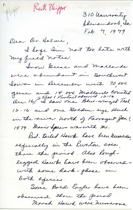 Letter from Ruth Phipps to Nicholas S. Halmi regarding winter bird sightings in southwest Iowa, February 7, 1979. Sightings of Purple Finch and Lincoln's Sparrow are underlined in red. This item was used as supporting documentation for the Iowa Ornithologists' Union Quarterly field report of winter 1978-1979.