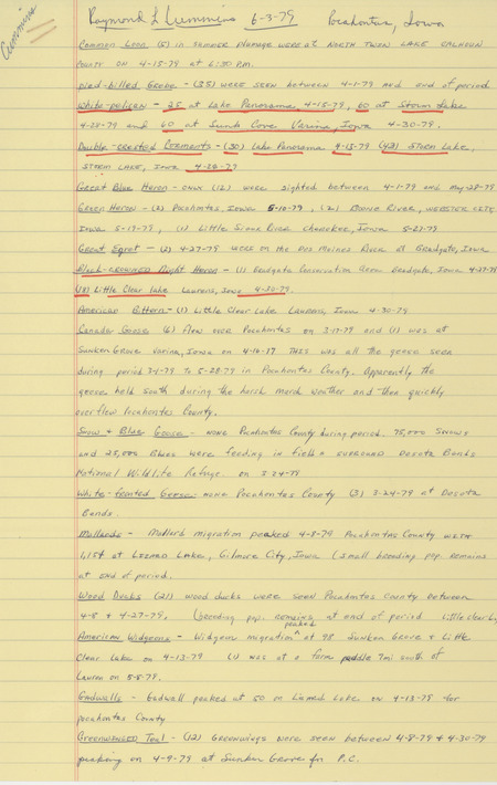 Spring report of birds found primarily in Pocahontas County contributed by Raymond L. Cummins, June 3, 1979. This item was used as supporting documentation for the Iowa Ornithologists' Union Quarterly field report of spring 1979.