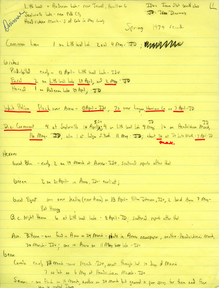 Spring report of birds contributed by James J. Dinsmore. This item was used as supporting documentation for the Iowa Ornithologists' Union Quarterly field report of spring 1979.