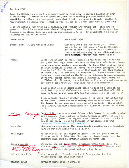Letter from Ione Getscher to Nicholas S. Halmi regarding spring bird sightings, May 16, 1979. Sightings of Merlin and Glaucous Gull are underlined in red. This item was used as supporting documentation for the Iowa Ornithologists' Union Quarterly field report of spring 1979.