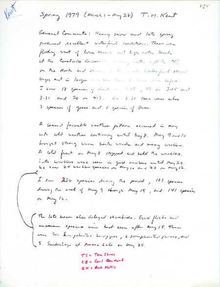 Spring report of birds and various locations contributed by Thomas H. Kent. This item was used as supporting documentation for the Iowa Ornithologists' Union Quarterly field report of spring 1979.
