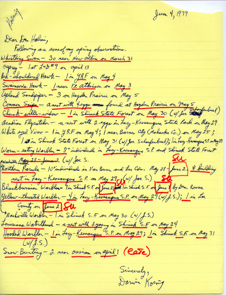Letter from Darwin Koenig to Nicholas S. Halmi regarding spring bird sightings from various locations, June 4, 1979. This item was used as supporting documentation for the Iowa Ornithologists' Union Quarterly field report of spring 1979.