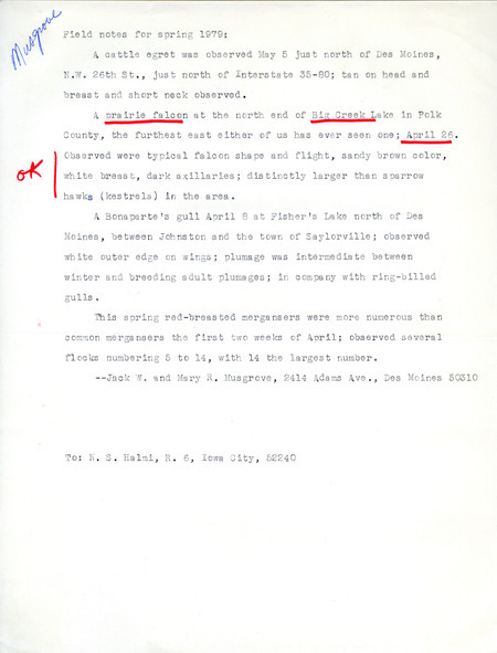 Spring report of birds found in and around Des Moines contributed by Jack W. Musgrove and M.R. Musgrove. This item was used as supporting documentation for the Iowa Ornithologists' Union Quarterly field report of spring 1979.