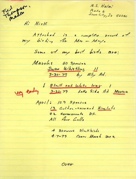 Letter from Fred K. Thompson to Nicholas S. Halmi regarding spring bird sightings, May 30, 1979. Also included are field checklists and bird counts for March, April and May 1979. This item was used as supporting documentation for the Iowa Ornithologists' Union Quarterly field report of spring 1979.