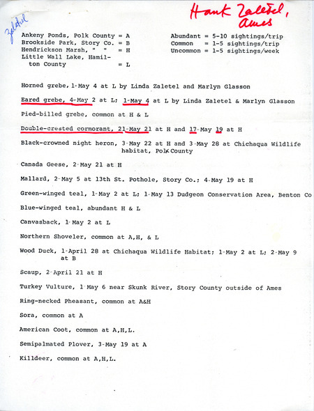 Spring report of birds found in and around central and northeast Iowa contributed by Hank Zaletel. This item was used as supporting documentation for the Iowa Ornithologists' Union Quarterly field report of spring 1979.