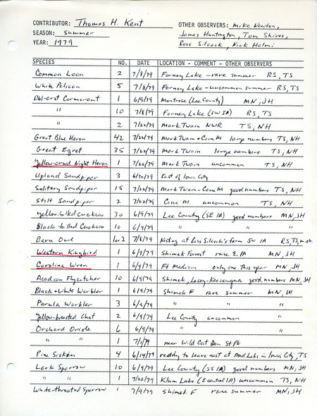 Field notes contributed by Thomas H. Kent for summer 1979. Sightings cover portions of southeastern Iowa and include a Yellow-Crowned Night Heron, a Western Kingbird, and a Carolina Wren. This item was used as supporting documentation for the Iowa Ornithologists Union Quarterly Report of summer 1979.