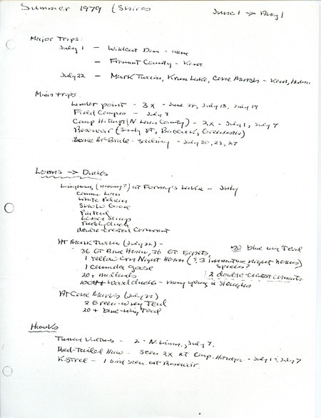 Field notes contributed by Thomas K. Shires documenting bird sightings at various locations in Iowa. This item was used as supporting documentation for the Iowa Ornithologists' Union Quarterly Report of summer 1979.
