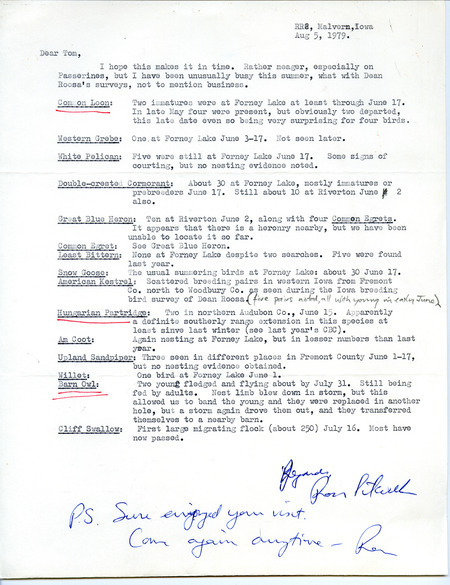 Letter from Ross Silcock to Thomas H. Kent regarding various bird sightings in western Iowa, including two young barn owls he banded. This item was used as supporting documentation for the Iowa Ornithologists' Union Quarterly Report of summer 1979.